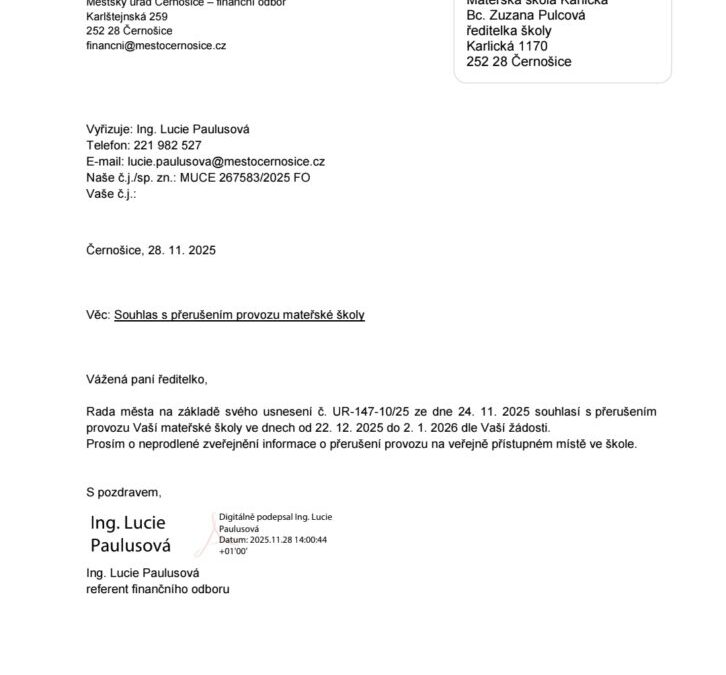 Uzavření MŠ mezi vánočními svátky